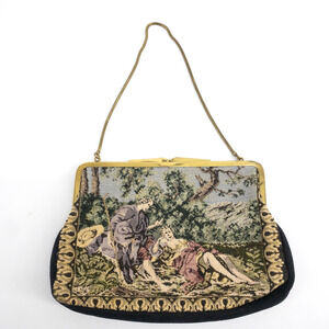 Vintage Tapestry Handbag Purse Man Women Scene Goldtone Hardware Western-Germany